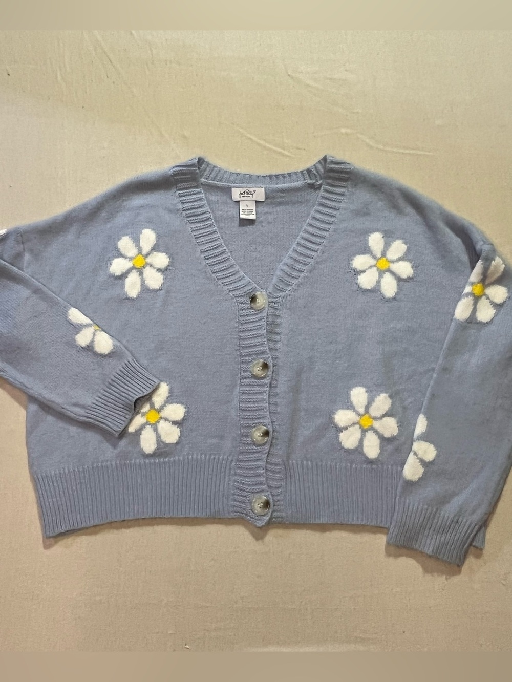 Just Polly New York Light Blue Daisy Acrylic Cardigan, Sz L